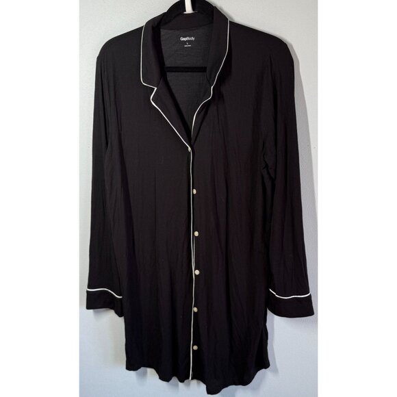 GapBody Women Model Pajama Shirt Dress Sz Large Black Button Front Soft Flowy - Picture 1 of 9